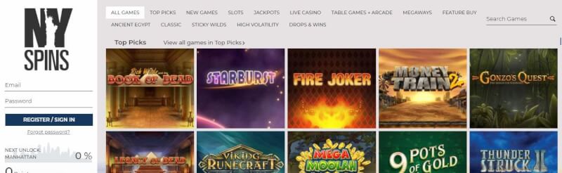 nyspins homepage offers casino games, أول مكافأة إيداع وحملات لشعار اللاعبين الجدد