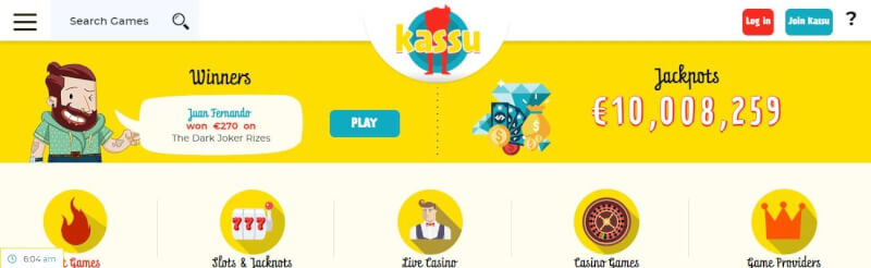 kassu casino lobby offers slots and jackpots, كازينو حقيقي, all gambling games and filtering choices by game providers-logo