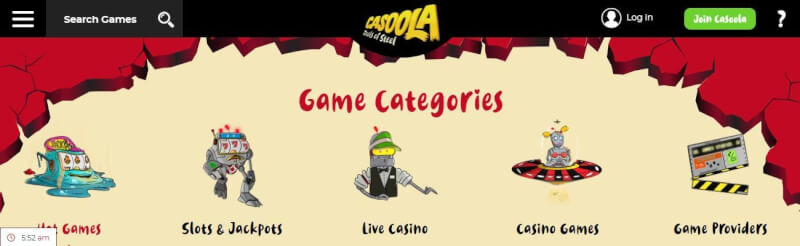 casoola lobby offers slot machines and jackpots, كازينو حقيقي, different gambling games and filters by game providers-logo