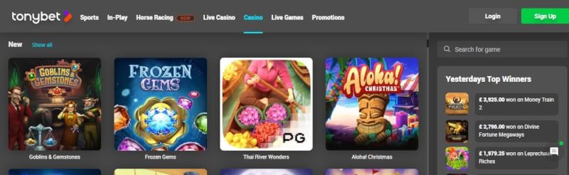 TonyBet Casino is made amazing although selection of games provided by a few software designers. You will find all gambling games and bonuses from the homepage-logo