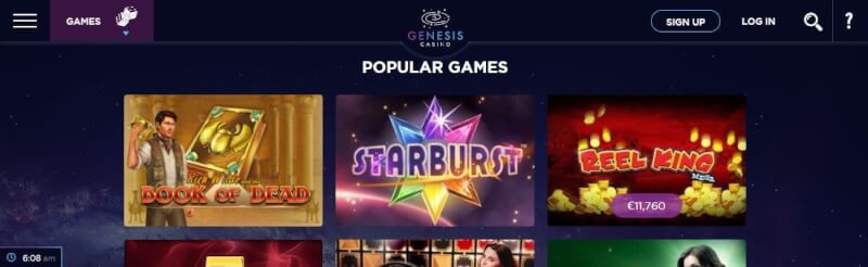 genesis casino lobby provides well-known games like starburst and guide of dead, additionally extra offers can be found from menu-logo