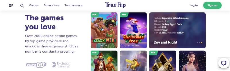 trueflip casino lobby offer different casino games, offers and casino tournaments-logo