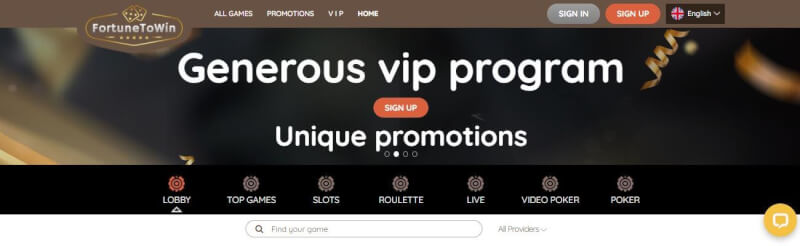 fortunetowin homepage provides gambling games, very first deposit bonus and promotions for new players-logo
