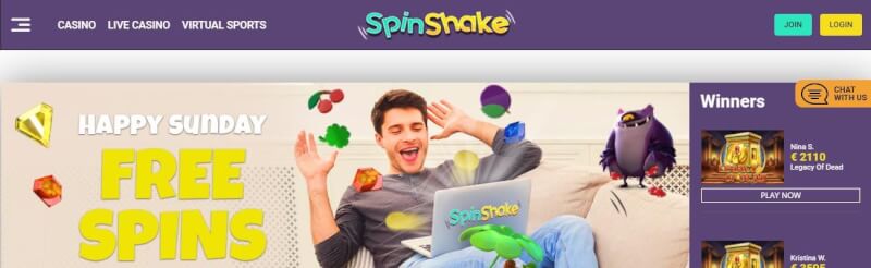 spinshake casino homepage offers gambling games, أول مكافأة إيداع وحملات لشعار لاعبين جدد