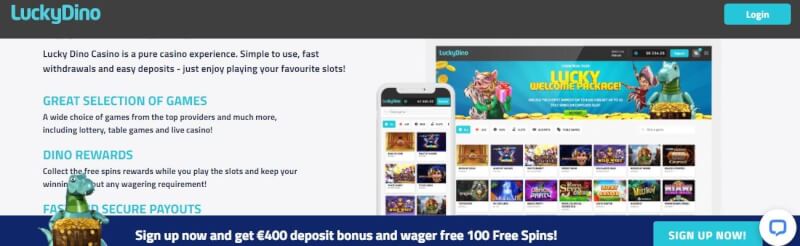 Luckydino casino lobby with slots and casino games, subscribe and obtain first deposit bonus-logo