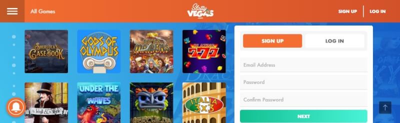 slottyvegas casino lobby provides various casino games, registration options and bonus offers-logo