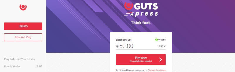 guts xpress spend n play website provides quick trustly build up, ألعاب القمار, مكافأة الإيداع الأولى والعروض الترويجية لشعار اللاعبين الجدد