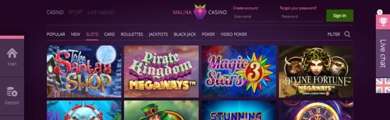 malina casino website provides gambling games and campaigns for new players-logo