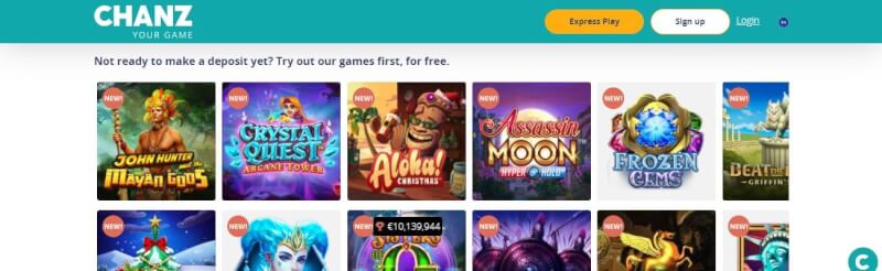 Chanz Casino Lobby is filled with slots, real time casino and extra offers-logo